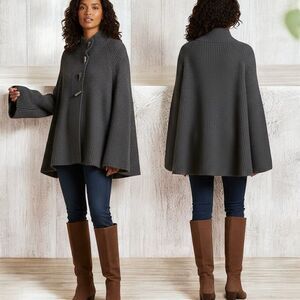 Qi Cashmere 100% Cashmere Toggle Button Ribbed Sweater XS Gray High Neck